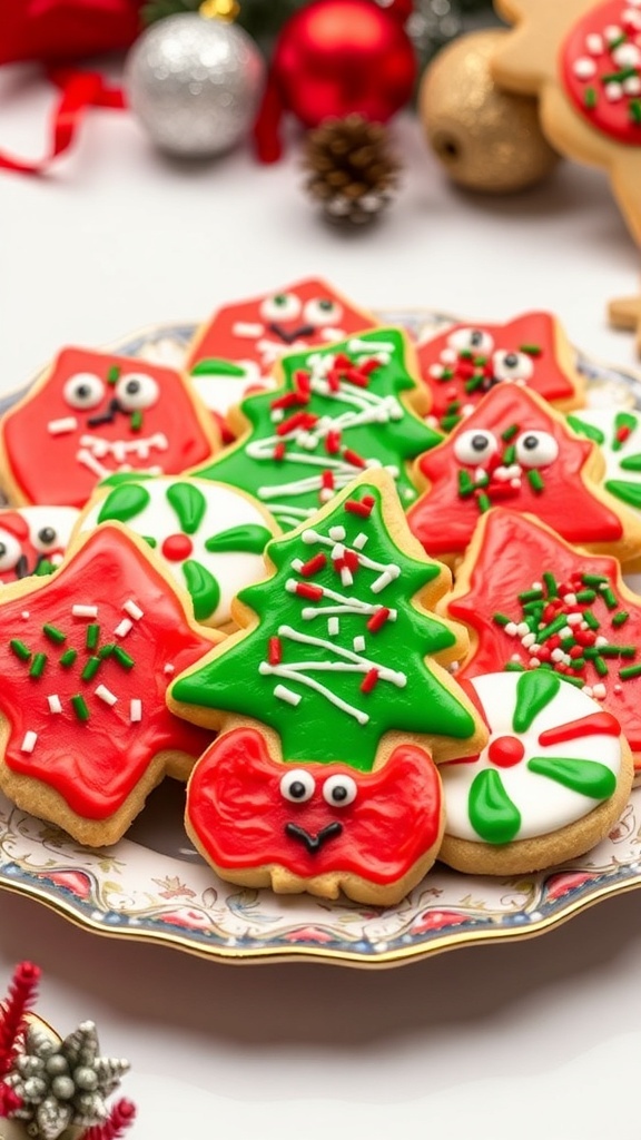 Colorful Christmas doodle cookies with icing and sprinkles on a decorative plate.